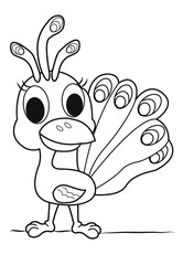 Cute peacoack children cartoon coloring book pages.