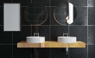 bathroom. large wooden countertop with washbasins. modern dark design.. Blank paintings.  Mockup.. 3D rendering.