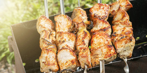 meat on skewers fries over handmade garden grill closeup