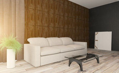 living room. white leather sofa. big windows. walls made of wood panels.. 3D rendering