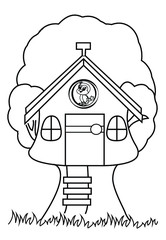 Tree house colouring page outline 