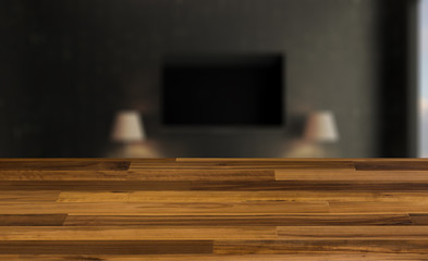 blurred interior on a wooden table background.Interior of a living room with a large window. TV weighs on the wall. Chairs on the parquet floor. 3D rendering