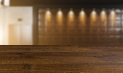 blurred interior on a wooden table background.Waiting room. business center in the city center. Lift. Reception. 3D rendering.. Sunset