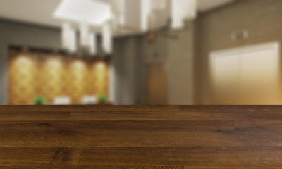 blurred interior on a wooden table background.Large reception company and business center. Sofas for a visit. Walls made of wood panels and concrete slabs.. 3D rendering. Sunset