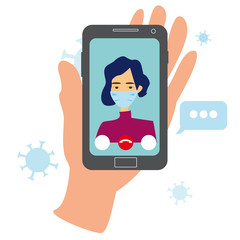 Hand holding smart phone video call on the screen. Flat cartoon  window with speaking girl and bubble speeches messages. Concept of online chat app, internet talk call during COVID-19, quarantine. 
