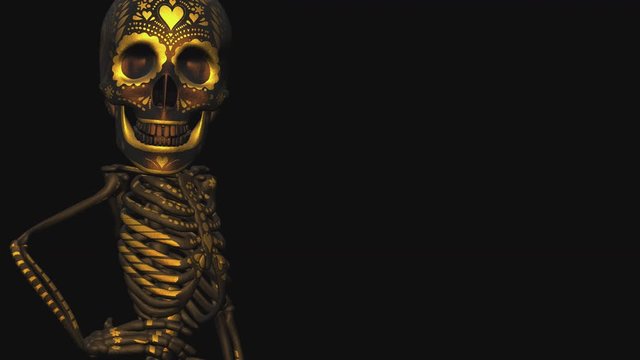 Seamless elegant animation gold metal skeletons walking in a catwalk with shiny embroidery pattern. Funny halloween dark background with black and gold texture for parties and events.