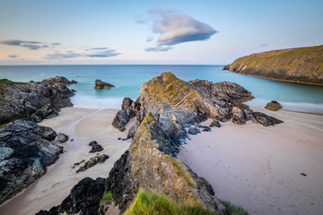 Fototapeta na wymiar Sango Sands Beach Durness in the dramatic highlands of scenic Scotland, fantastic adventure travel destination or holiday vacation to view picturesque scenery at sunrise or sunset