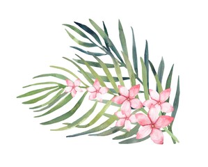 Watercolor tropical leaves bouquets. Tropical flowers and leaves for wedding invitations, cards. 