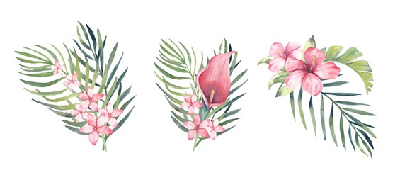 Watercolor tropical leaves bouquets. Tropical flowers and leaves for wedding invitations, cards. 