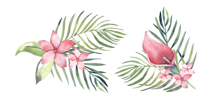 Watercolor tropical leaves bouquets. Tropical flowers and leaves for wedding invitations, cards. 