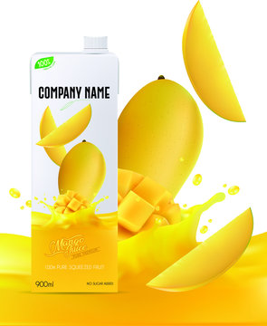 Mango juice box and juice splash. Vector EPS