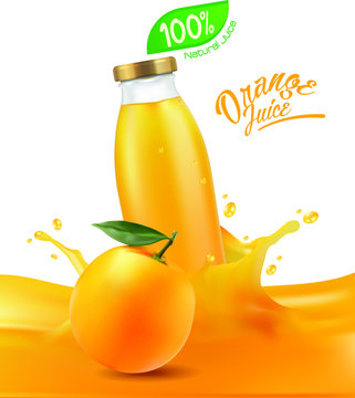 fresh orange juice bottle and splash. Vector EPS