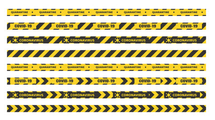 Quarantine tape. Yellow black tape for separating entrance areas. Quarantine in the house prevents the corona virus.