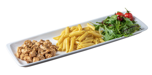 grilled cubed chicken with pasta and salad