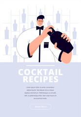 Template for an article with cocktail recipes on a white background on which the bartender shakes the shaker against the background of the bar. Vector illustration in a flat style.