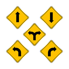 road signs yellow set, traffic road sign yellow isolated on white, signpost caution for direction, road sign and black arrow pointing
