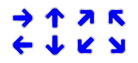 arrow pointing blue color isolated on white, clip art arrow icon set for direction pointing, modern arrow blue symbol for pointing indicates, illustrations arrow button blue