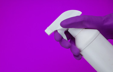 Cleaner's hand in blue rubber protective glove holding a chemical spray bottle. Empty place for text or logo on purple background. Early spring or regular cleanup. Commercial cleaning company 