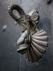 Obraz premium Street photography of an old doorhandle with a beautiful grey fish shape on top of a conch shell
