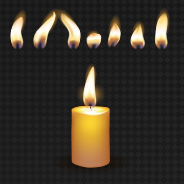 Realistic 3d Detailed Burning Candle and Flame Set on a Transparent Background.