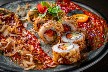 sushi roll with salmon in plate