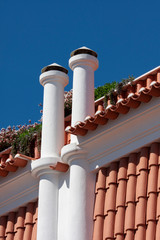 Red roof and two round chimneys