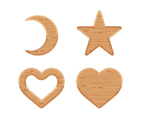 wooden crescent moon, star wood cute, heart shaped wood, wooden heart frame shape brown retro, different shapes wooden cut out for vintage decoration, wood plank star and crescent moon and heart