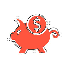 Obraz premium Money box icon in comic style. Pig container cartoon vector illustration on white isolated background. Piggy bank splash effect business concept.