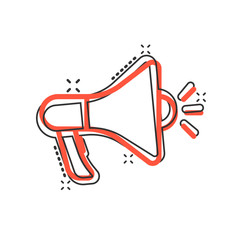 Megaphone speaker icon in comic style. Bullhorn sign cartoon vector illustration on white isolated background. Scream announcement splash effect business concept.