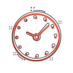 Clock icon in comic style. Watch cartoon vector illustration on white isolated background. Timer splash effect business concept.