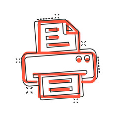Office printer icon in comic style. Fax cartoon vector illustration on white isolated background. Text printout splash effect business concept.