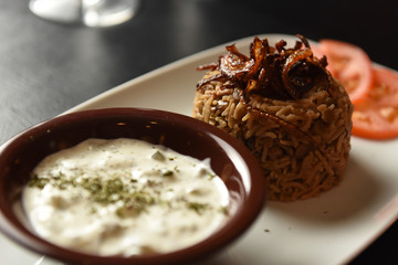 Close up of food served on a table.