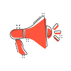 Obraz premium Megaphone speaker icon in comic style. Bullhorn sign cartoon vector illustration on white isolated background. Scream announcement splash effect business concept.