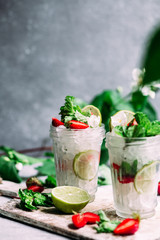 Mojito cocktail with strawberries, mint and lime. Lemonade