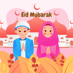 Eid mubarak background with muslim man and woman in flat style