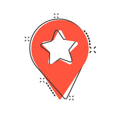 Map pin icon in comic style. GPS navigation cartoon vector illustration on white isolated background. Locate position splash effect business concept.