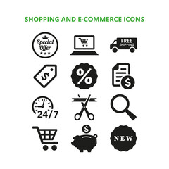 Shopping and e-commerce icons on white background.