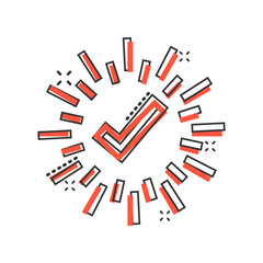 Check mark sign icon in comic style. Confirm button cartoon vector illustration on white isolated background. Accepted splash effect business concept.