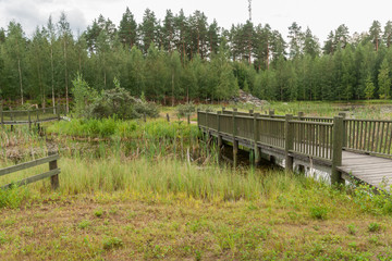 Fototapeta na wymiar Wooden bridges with railing over small river in summer park