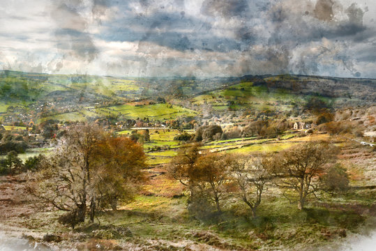 Digitally generated watercolor painting of Stunning Autumn Fall landscape image of Crubar Edge in Peak District at sunset with lovely evening light glow