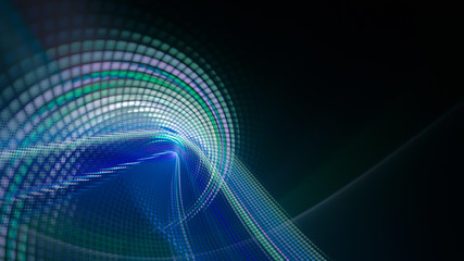 Abstract blue and black background. Digital art fractal graphics. Composition of glowing curves and mosaic halftone effects. 3d illustration.