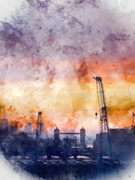 Digitally generated watercolor painting of Epic dawn sunrise landscape cityscape over London city sykline looking East along River Thames