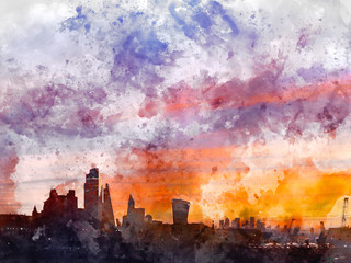 Fototapeta na wymiar Digitally generated watercolor painting of Epic dawn sunrise landscape cityscape over London city sykline looking East along River Thames