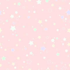 Seamless cute pattern with little rounded stars and circles of different colors with outline. Powder pink