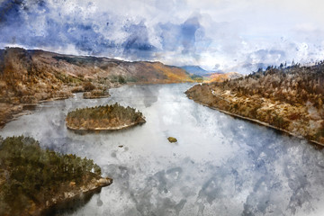 Digitally generated watercolor painting of Stunning aerial drone landscape image of glorious vibrant Autumn Fall sun over Thirlmere in Lake District