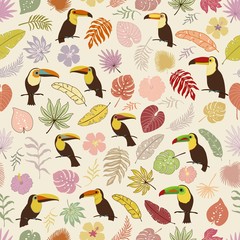 Seamless decorative pattern with toucans and tropical colorful leaves