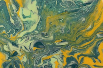 Abstract background of mixed shades of yellow and emerald green nail polish with a marble pattern. Liquid colorful background paint creative green, light green, emerald and bright yellow with shimmer