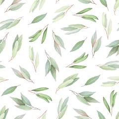 Foliage seamless pattern with scattered abstract green leaves. Vector floral illustration in vintage watercolor style on white background.