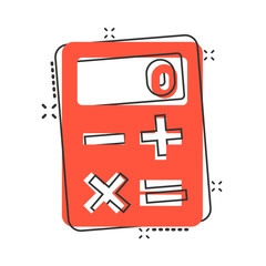 Obraz premium Calculator icon in comic style. Calculate cartoon vector illustration on white isolated background. Calculation splash effect business concept.