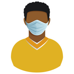 Man African American in medical mask avatar flat icon isolated on white background. Virus infection protection symbol.